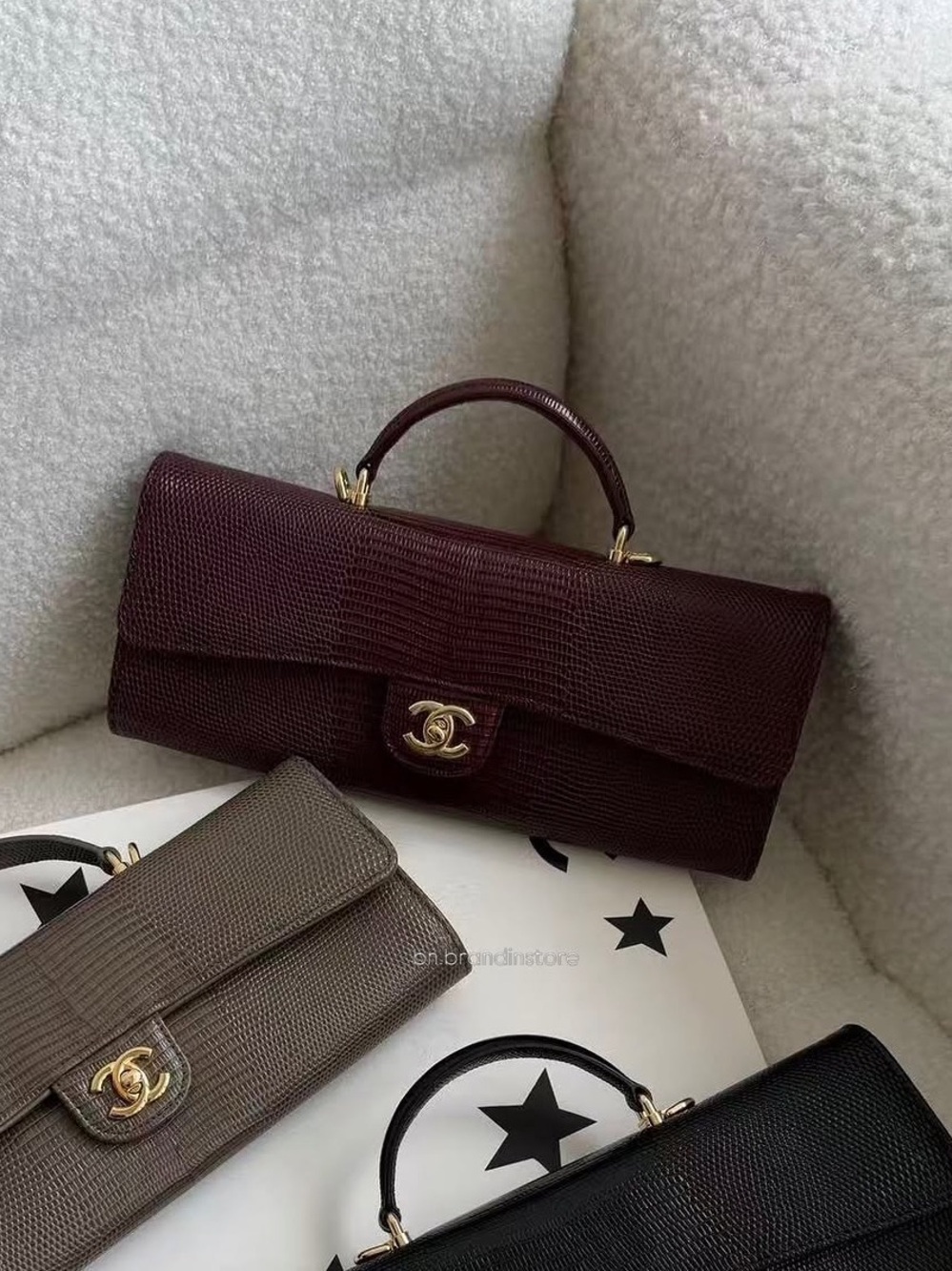 Chanel Dark Burgundy East West Top Handle Lizard Embossed Leather Clutch | NIB